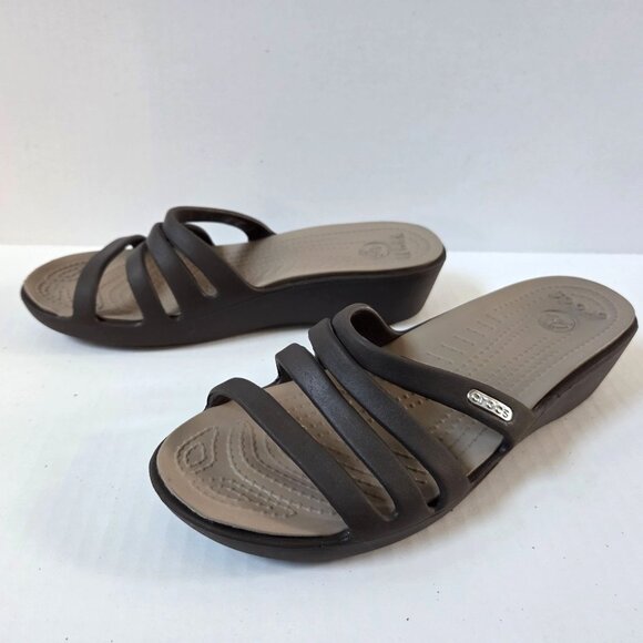 Crocs Sandals Womens 7 Brown Rhonda Strappy Wedge Slides Beach Casual Vacation - Picture 4 of 10